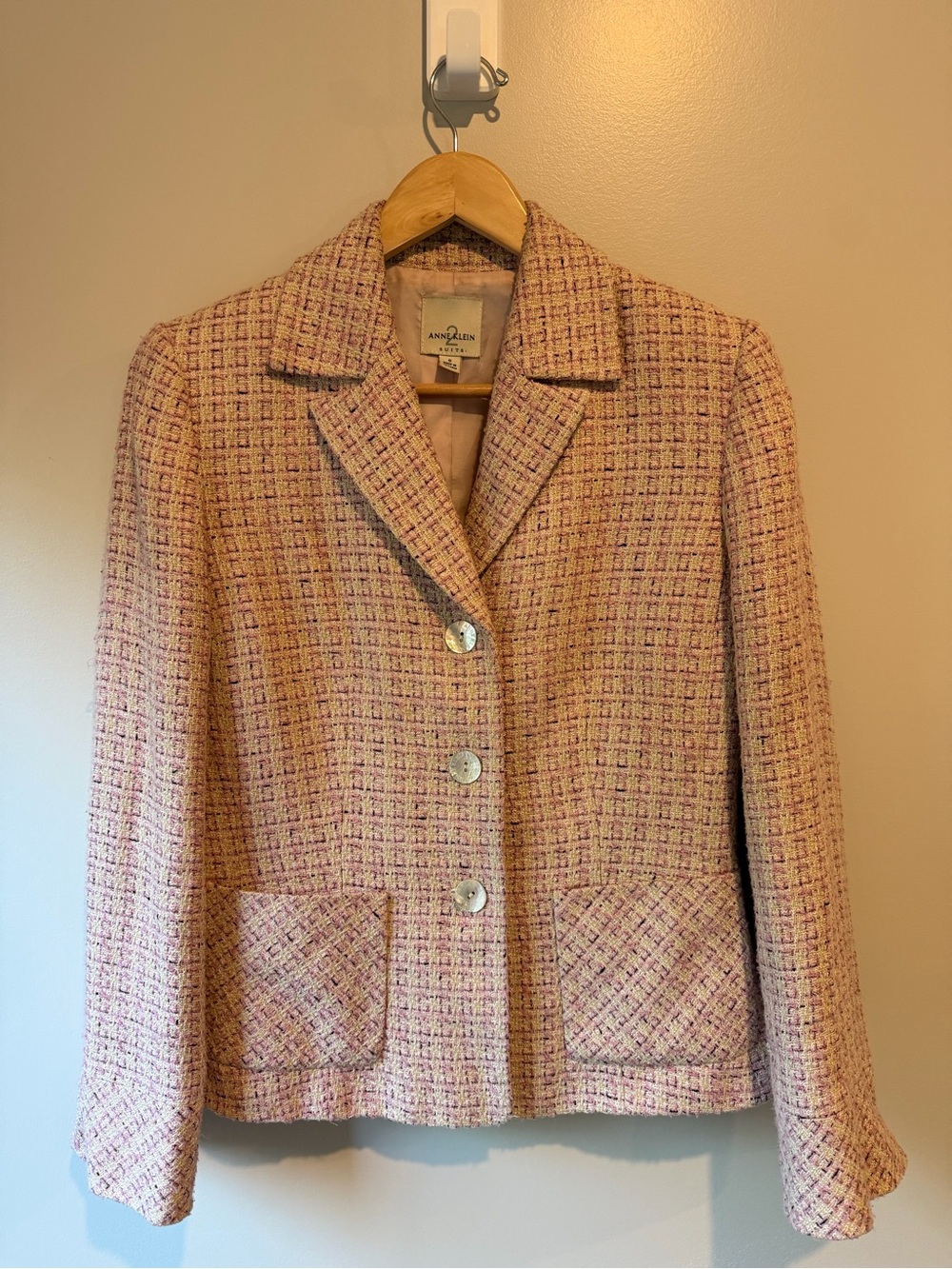 Anne Klein Pink Tweed Blazer with Pearl Buttons